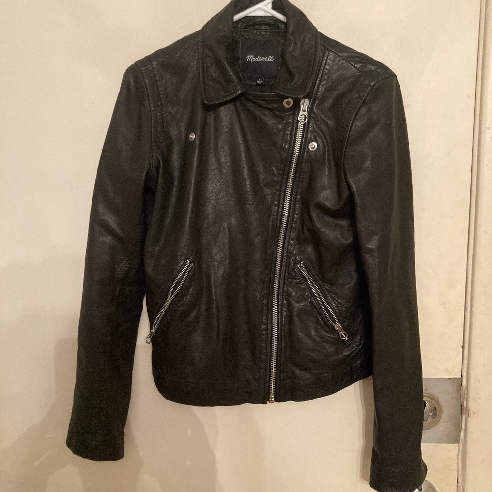 Washed Leather Moto Jacket - Small - TRUE BLACK 89140292